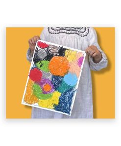 Child proudly holding a kandinsky painting, a result of our private art lessons