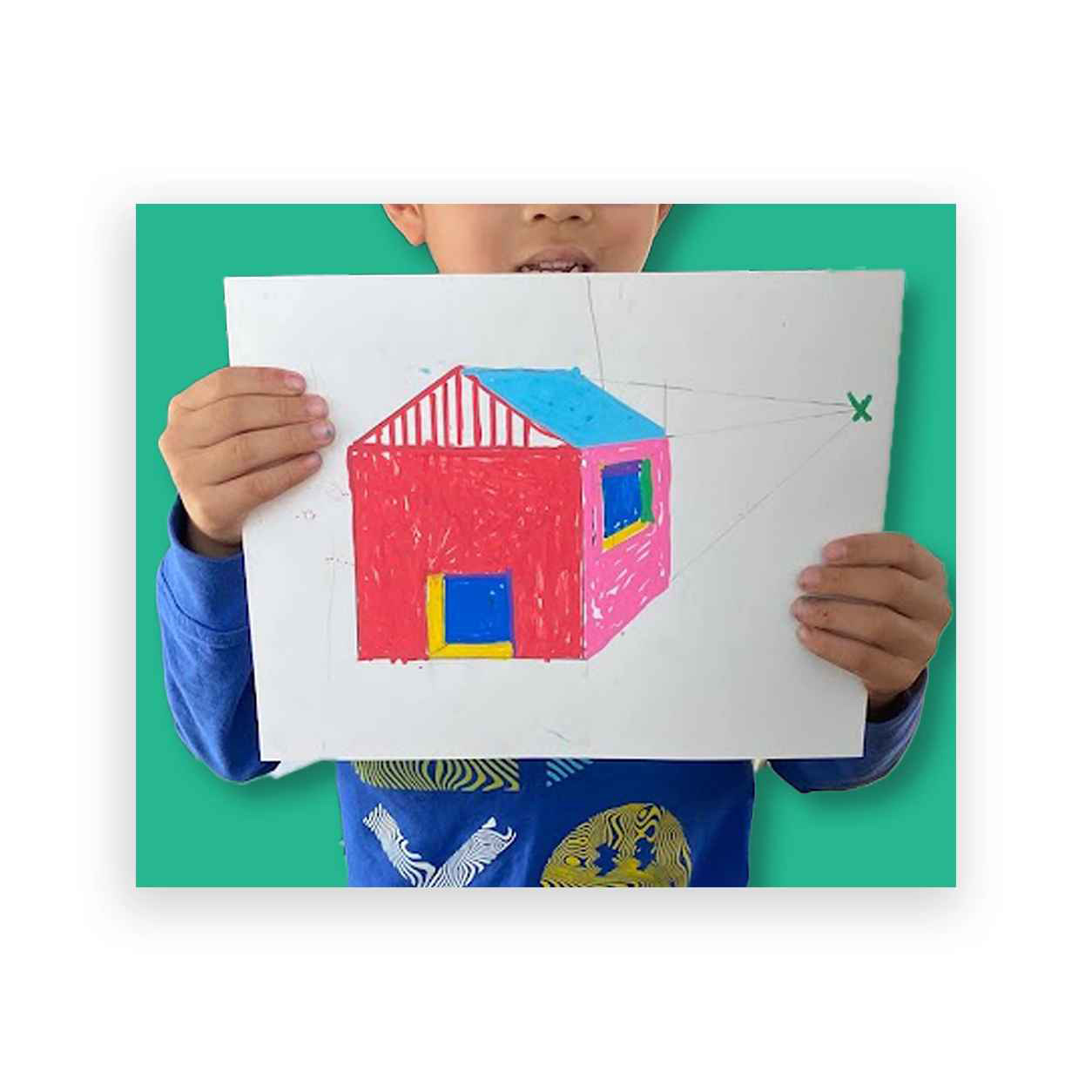 Young boy proudly holding up one point perspective painting of barn after private art lesson