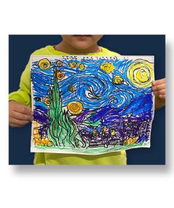 Young boy holding proudly holding up van gogh starry night painting after private art class.