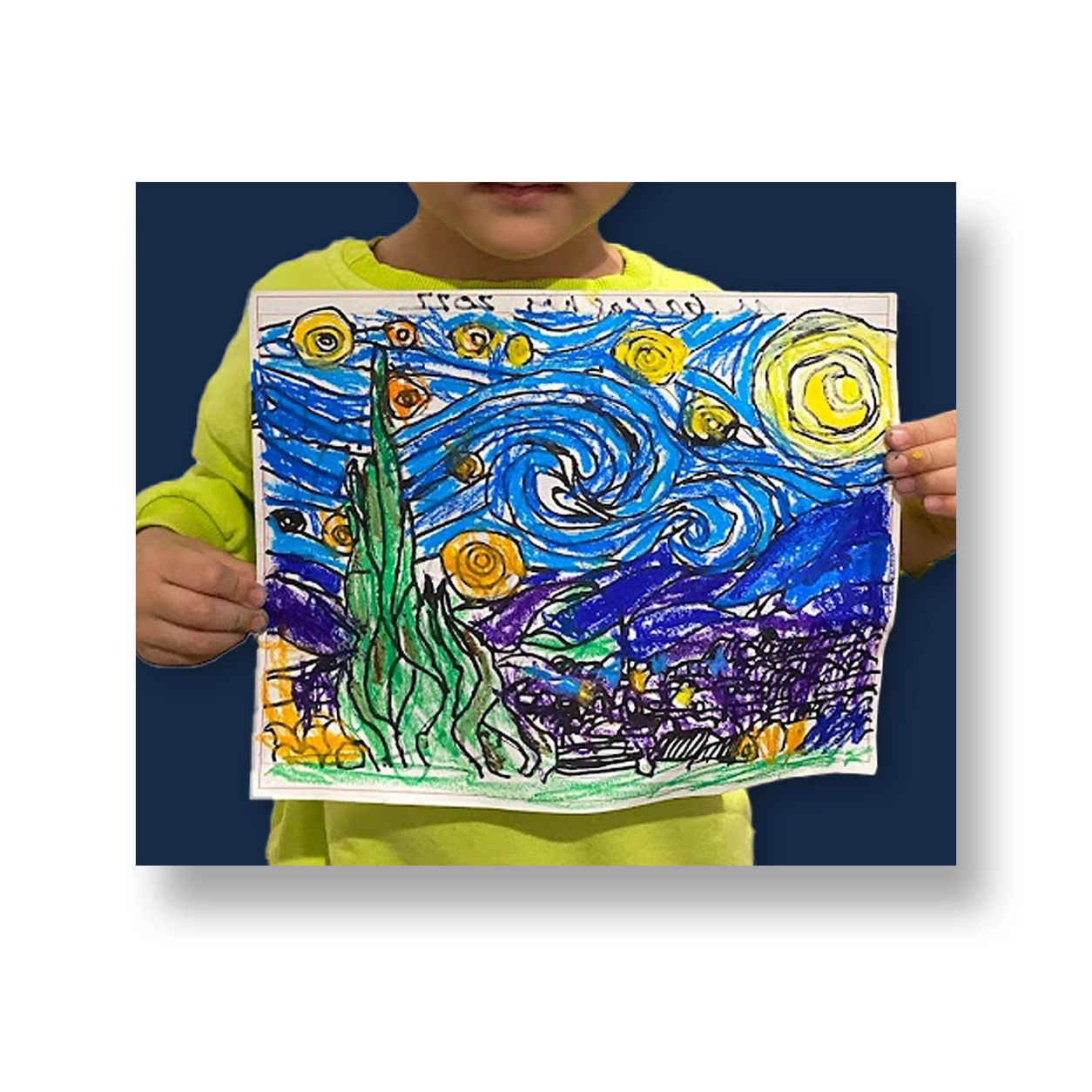 Young boy holding proudly holding up van gogh starry night painting after private art class.