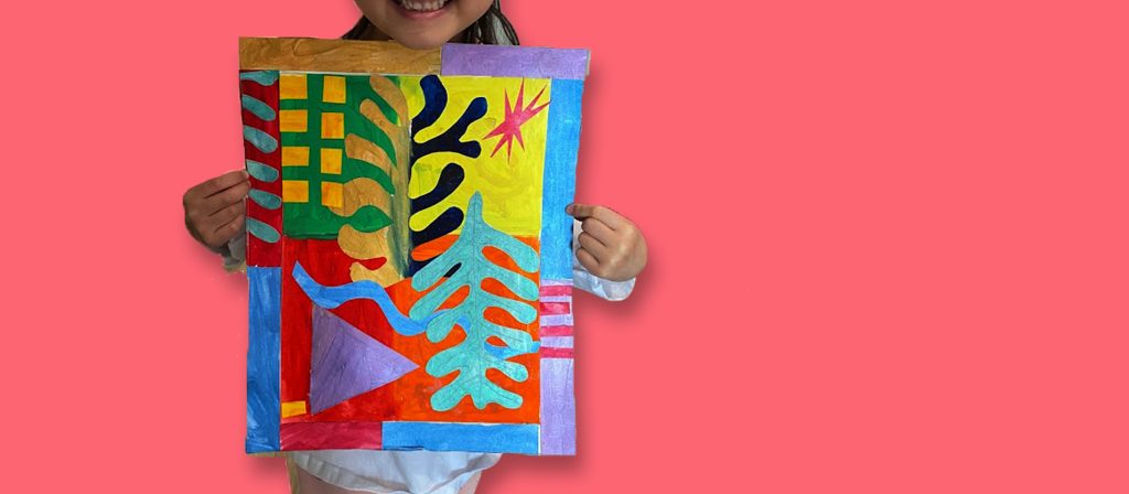 Henri Matisse inspired collage proudly held by art student after private art lessons